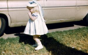Modeling Easter clothes - note the yellow shorts below the hemline.